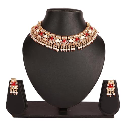 Efulgenz Indian Wedding Antique Crystal Faux Pearl Necklace Set for Women - color: Red