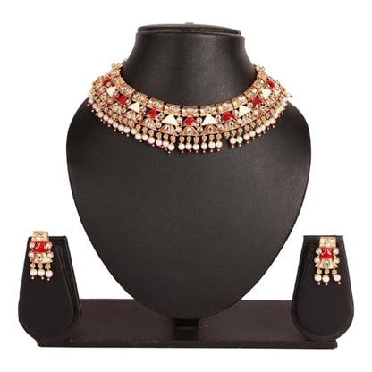 Efulgenz Indian Wedding Antique Crystal Faux Pearl Necklace Set for Women - color: Red