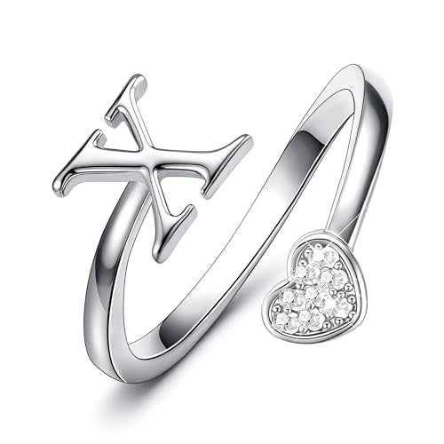 Lunvky Birthday Gifts Silver Initial Rings for Women Teen Girl Kids Trendy Stuff Dainty 14K Gold Plated Adjustable Heart Letter Thumb Rings Pinky Cute Jewelry Personalized Gift - color: Silver, size: Initial-X