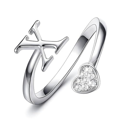 Lunvky Birthday Gifts Silver Initial Rings for Women Teen Girl Kids Trendy Stuff Dainty 14K Gold Plated Adjustable Heart Letter Thumb Rings Pinky Cute Jewelry Personalized Gift - color: Silver, size: Initial-X