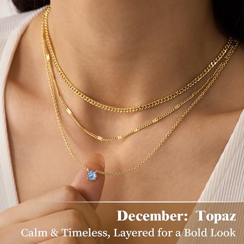 WomenGifts Layered Gold Necklaces for Women, 14K Gold Sterling Silver Plated Dainty Pendant Necklace Set Non Tarnish, Chunky Stackable Cuban Chain Choker, Trendy Birthstone Vacation Jewelry Gift - color: Gold, style: Cubic Zirconia-Created Topaz-Dec