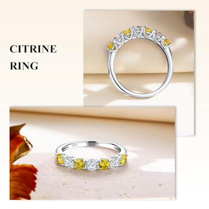 Birthstone Wedding Band Eternity Rings 925 Sterling Silver Rings Stackable Anniversary Engagement Rings Cubic Zirconia Inlaid Created Garnet/Amethyst/Sapphire Ring 7 Stone Ring, Size 6 to 10 - color: Citrine & 5A CZ