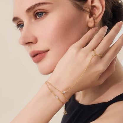 Cicy Bell Hand Chain Bracelets for Women 18K Gold Plated | Layered Stackable Dainty Ring Bracelets, Adjustable Satellite Bead Dot Link Finger Bracelets - color: Style B-Gold