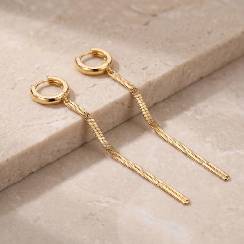 Gold Hoop Earrings for Women Long Dangle Chain Duster Earrings | 14K Gold Plated Small Huggie Hoops Hypoallergenic Long Chain Earrings Lightweight Drop Earrings for Everyday Wear Jewelry