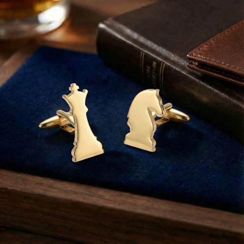 Men’s Chess Piece Cufflinks – Stainless Steel Game-Themed Cuff Links with Gift Box & Polishing Cloth – Available in Silver & Gold
