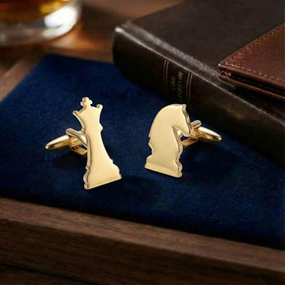 Men’s Chess Piece Cufflinks – Stainless Steel Game-Themed Cuff Links with Gift Box & Polishing Cloth – Available in Silver & Gold