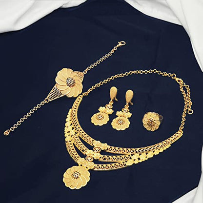 indian Women Jewelry Necklace Set african Dubai Bride Wedding Prom Fashion Jewelry 24K Gold Plated Necklace Bangles Rings Earrings - color: S-340