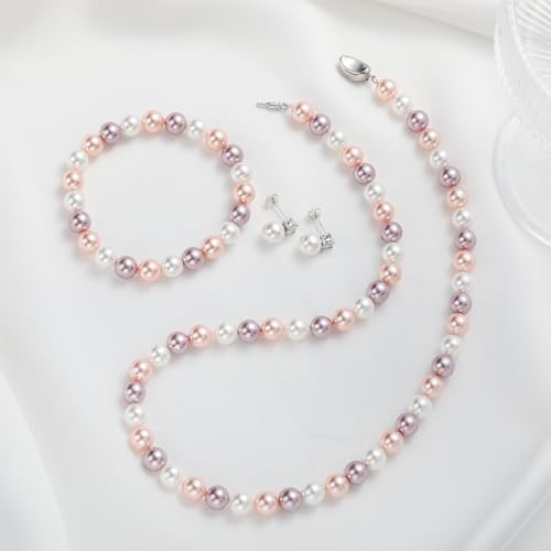 Pearl Necklaces for Women,8mm Pearl Necklace and Earring Bracelet Jewelry Set for Women Men Wedding Birthday Valentine Christmas Day Gifts - color: White Pink Purple