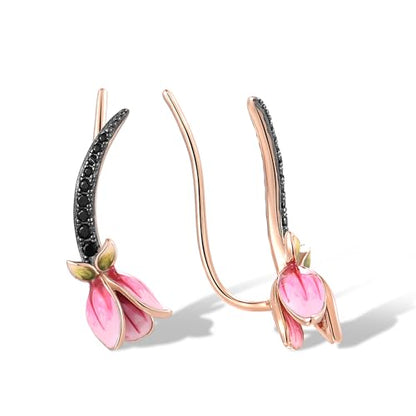 Santuzza 925 Sterling Silver Pink Tulip Cuff Pierce Earrings for Women - color: Enamel Tulip-Pink