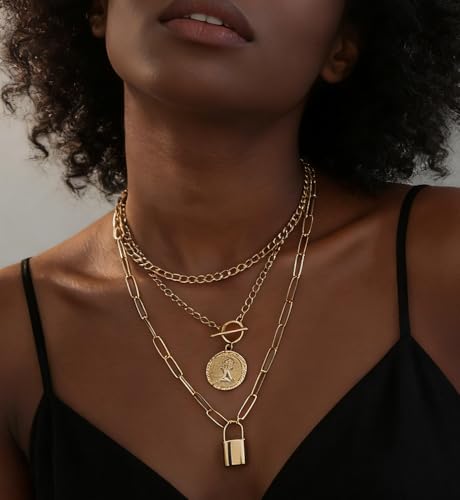 iF YOU Vintage Gold Layered Necklaces for Women Trendy, Chunky Cuban Link Paperclip Chains Necklace Stack, Coin Pendant Necklace Set Jewelry Gifts - style: 3-layer lock necklace