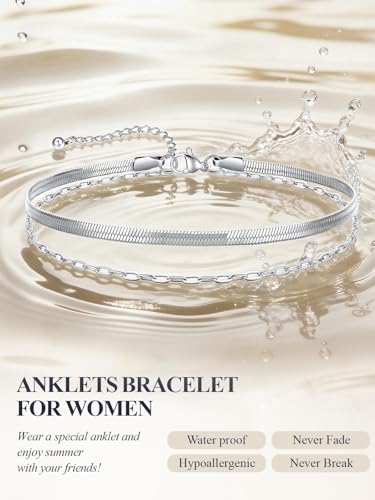 U7 Silver/Gold/Black Ankle Bracelets for Women Layered Chain Anklets | Stainless Steel Anklets Waterproof Summer Beach Anklet Charm, Adjustable 8.5"-10.5",Layered Anklet Fashion - color: Silver - Flat Snake Chain+Paperclip Chain