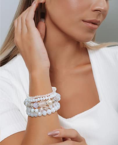 Noessla Beaded Boho Stretch Bracelet Colorful Stackable Crystal Beads Bracelets Trendy Costume Jewelry Mothers Day Gifts for Women - color: 21-White
