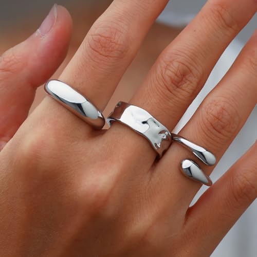Gold Chunky Rings for Women Non Tarnish, 18K Gold Plated Statement Dome Rings Stacking,Thumb Ring, Mens Silver Wedding Band Jewelry Size 5-11 - color: Silver