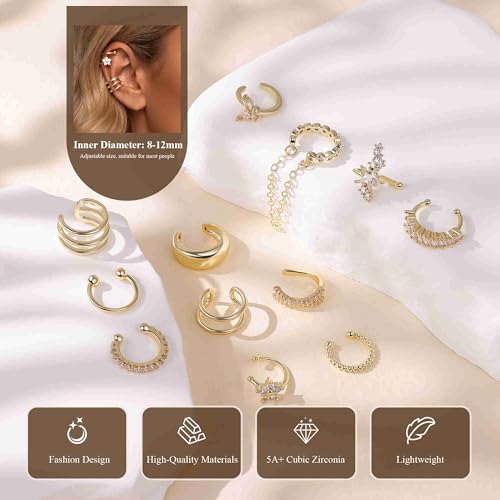12PCS 14K Gold Plated Ear Cuff Earrings for Women Non Piercing Adjustable Ears Clip on Cartilage Earring Stack Dainty Fake Piercings Non Tarnish Helix Wrap Earrings Set Trendy Jewelry - color: Gold