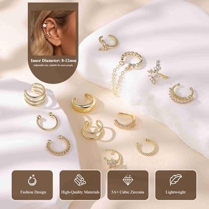12PCS 14K Gold Plated Ear Cuff Earrings for Women Non Piercing Adjustable Ears Clip on Cartilage Earring Stack Dainty Fake Piercings Non Tarnish Helix Wrap Earrings Set Trendy Jewelry - color: Gold
