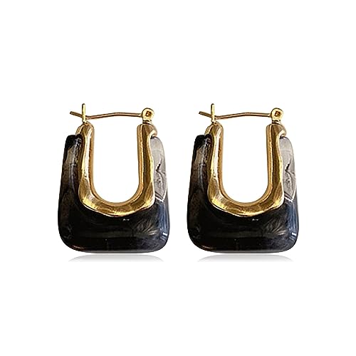 Chunky Clear Retro U Shaped Hoop Minimalist Square Resin Huggie Earrings for Women - color: Black