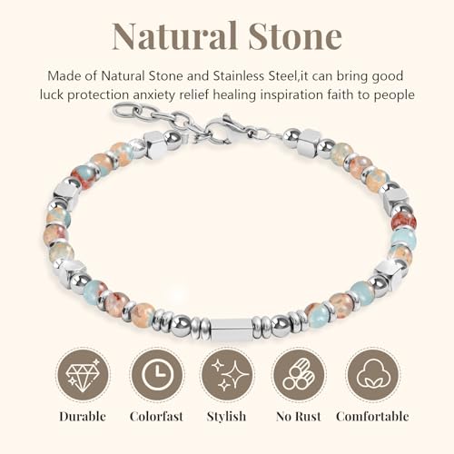 Womens Boho Adjustable Stackable Beaded Bracelets for Women Teen Girls Stainless Steel Natural Stone Link Bracelets for Women Non Tarnish Waterproof Handmade Bead Bracelet for Women Best Friend Bestie Mother Daughter Sister Gifts for Happy Birthday Grad G