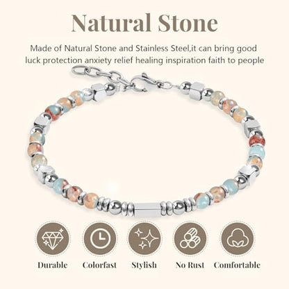 Womens Boho Adjustable Stackable Beaded Bracelets for Women Teen Girls Stainless Steel Natural Stone Link Bracelets for Women Non Tarnish Waterproof Handmade Bead Bracelet for Women Best Friend Bestie Mother Daughter Sister Gifts for Happy Birthday Grad G