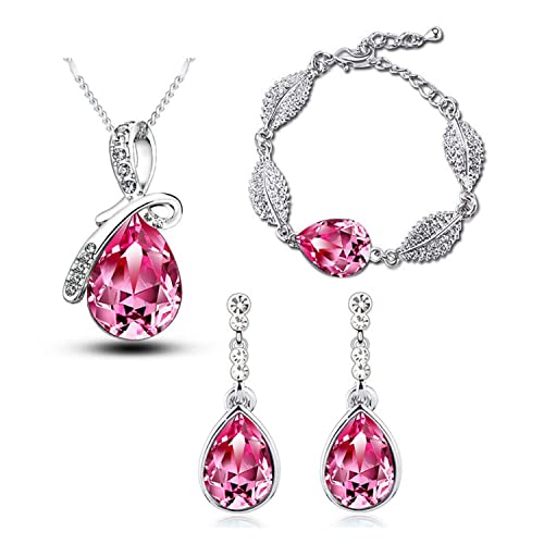 4 Pieces Fashion Teardrop Crystal Rhinstone Pendant Necklace Earring Bracelet Jewelry Set for Women Lady Wedding Birthday Party Prom Gifts - color: Pink