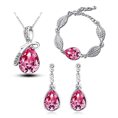 4 Pieces Fashion Teardrop Crystal Rhinstone Pendant Necklace Earring Bracelet Jewelry Set for Women Lady Wedding Birthday Party Prom Gifts - color: Pink