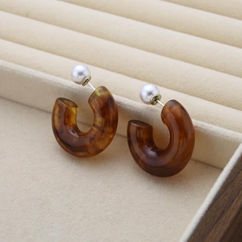 Chunky Acrylic Hoop Earrings White Resin Open Circle Hoop Earrings Round Pearl Studs Thick Acrylic C Shape Earring Pearl Front Back Earring Jewelry for Women - color: Brown