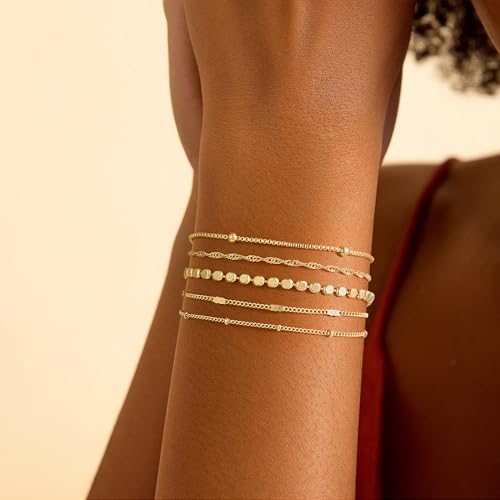 Gold Bracelet for Women, Waterproof Jewelry,5PCS | 14K Gold Plated Bracelets Stacks Non-Tarnish, Lightweight & Comfy, Trendy Adjustable Dainty Links, Women’s Jewelry Gift - color: 5 pcs Big Satellite+Satellite+Twist+Flat Curb+Small Satellite
