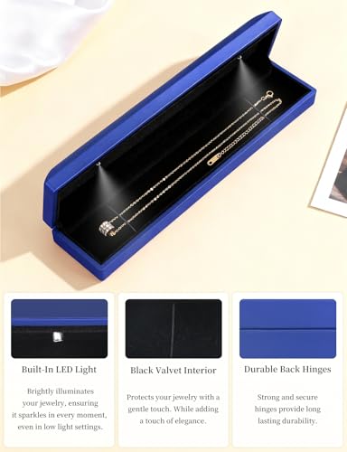 Hatori Long Chain Necklace Jewelry Gift Box with LED Light, Bracelet Storage Case, Jewellry Display Box for Wedding, Engagement, Proposal, Birthday, Anniversary - color: Blue
