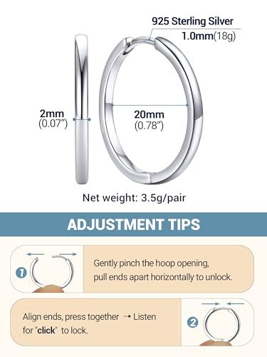 PROSTEEL Huggie Hoop Earrings For Women with 925 Sterling Silver Post | 8/10/12/14/16/18/20mm,14K Gold Plated/Black/Rose Gold/Silver Brass Lightweight Cubic Zirconia Cartilage Piercing Earring - color: 1. Silver, size: 20mm
