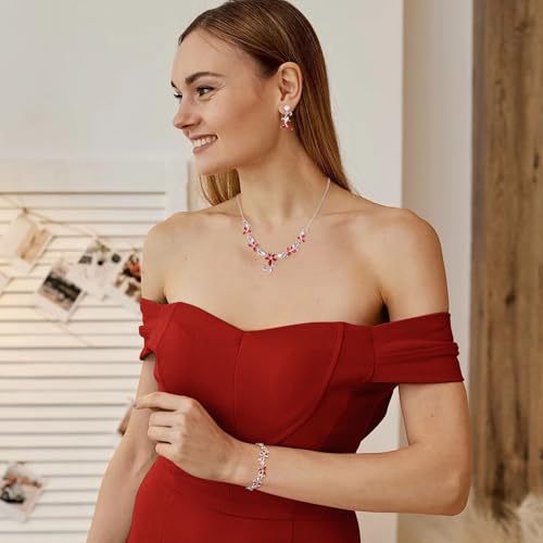 Crysdue Flower Leaf Wedding Jewelry Set for Bridal Bridemaid, Cubic Zirconia Teardrop Elegant Silver/14K/Rose Gold Plated Vine Necklace Dangle Earrings for Prom Party - style: B_Three Set Red