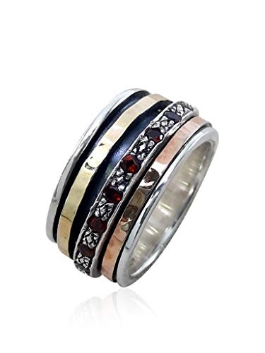 Hammered Meditation Ring 1.6 Carat Natural Red Garnet Mixed Metal Two tone Solid 9k Yellow & Rose Gold 925 Sterling Silver Spinner Ring Bohemian Jewelry For Women Fidget Ring Made in Israel