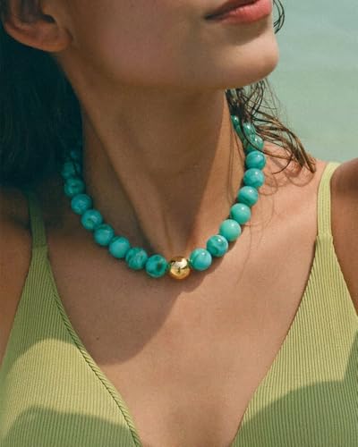 Chunky Beaded Necklace for Women Boho Statement Bead Necklace | Adjustable, Lightweight Choker, Round/Oval/Pebble Beads, Trendy Summer Beach Jewelry - color: Turquoise