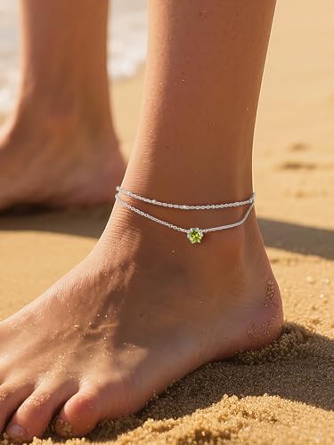 U7 Silver Ankle Bracelet for Women, Waterproof Layered Ankle Round Gem Birthstone Anklets, Summer Beach Foot Jewelry, Adjustable 8.5"-10.5" - color: 08.August-Peridot Yellow