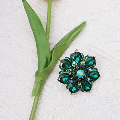 Flower Shape Crystal Cocktail Stretch Ring Party Prom Floral Statement Elastic Ring for Women - color: 2RI255-emerald-gold tone