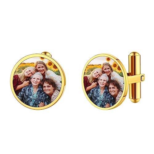 FindChic Stainless Steel Round Cufflinks with Custom Text/Picture/Monogram Letters 18K Gold Plated/Black Color for Men Groom Suits Shirts, with Gift Box - style: 02. custom photo-round (gold plated)