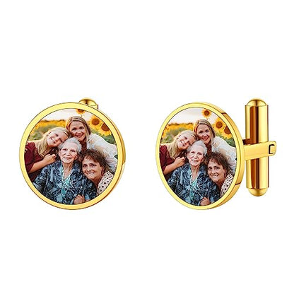 FindChic Stainless Steel Round Cufflinks with Custom Text/Picture/Monogram Letters 18K Gold Plated/Black Color for Men Groom Suits Shirts, with Gift Box - style: 02. custom photo-round (gold plated)
