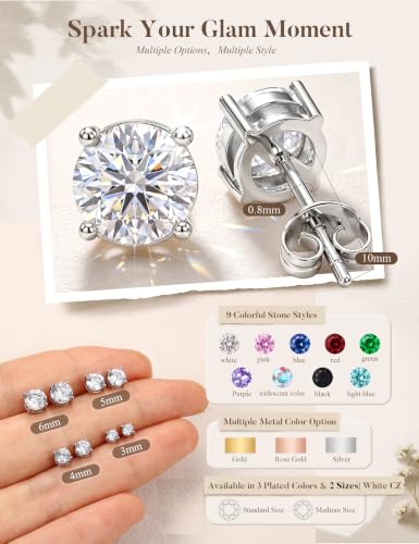 MILACOLATO S925 Sterling Silver Stud Earrings for Women Men Hypoallergenic 18K Gold Plated Cubic Zirconia Earrings Studs Brilliant Simulated Diamond Halo Earring for Sensitive Ears - style: 18K White Gold Plated - Round CZ