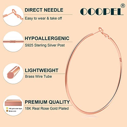 2mm Sterling Silver Big Hoop Earrings For Women - Large Hypoallergenic Circle Endless Thin Oversize Silver Hoops - color: Rose Gold,60mm