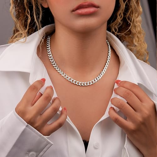 WomenGifts Cuban Link Chain Necklace for Women, Waterproof 14k Gold Silver Plated Chain Choker, Non Tarnish Stainless Steel Jewelry, 3.5/5/6/8/11mm,14/16/18 Inch Thin&Chunky&Thick - color: Silver, style: 8MM-16"