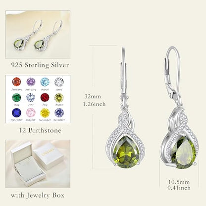 925 Sterling Silver Infinity Teardrop Earrings for Women | Lwsary Dangle Drop Leverback Earrings, Pear Shaped Birthstone Jewelry for Her - color: Olive Green