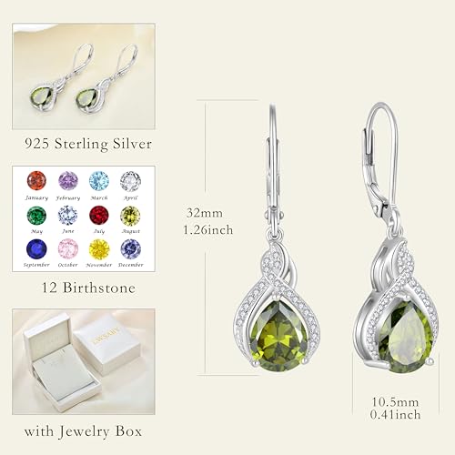 925 Sterling Silver Infinity Teardrop Earrings for Women | Lwsary Dangle Drop Leverback Earrings, Pear Shaped Birthstone Jewelry for Her - color: Olive Green