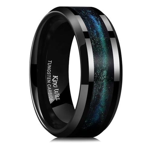 King Will Mens Galaxy Tungsten Wedding Band | 6mm/8mm, Beveled Edge, Comfort Fit, Durable, Sandstone Opal Inlay Polished, Everyday Wear - color: Blue Green-8mm