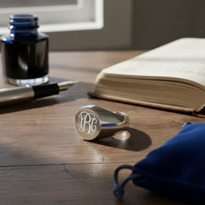 15mm Initial Ring 925 Silver/10K/14K/18K Gold Monogram Ring for Men Personalized Engraved Circle Monogram Signet Mens Ring Birthday Gifts - color: White Gold