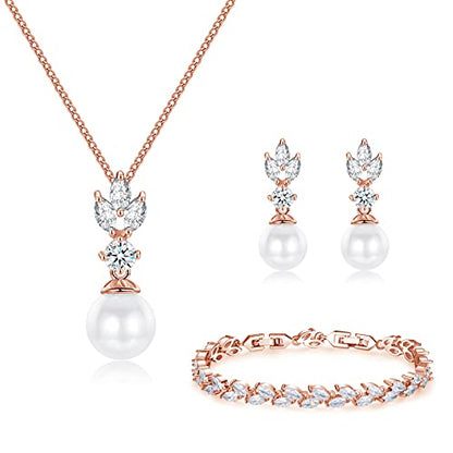 Wedding Jewelry for Bride Bridesmaid, Pearl Dangle Earrings and Pendant Necklace Set Bridal Jewelry for Promise Wedding Party - color: 3#Rose gold-1 Set-Necklace/Bracelet/Earrings