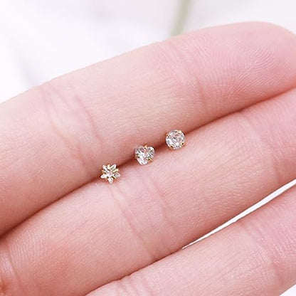 3 Pcs 14K Gold Filled Nose Studs 20G Stainless Steel Stud Nose Ring 2mm/2.5mm/3mm Round CZ L Bend Nose Stud Hypoallergenic Nose Piercing - color: gold mix I