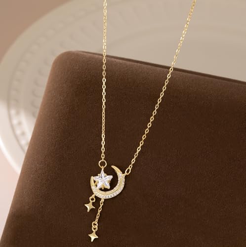 Reffeer Solid 925 Sterling Silver Moon Star Necklace for Women Teen Girls CZ Moon Choker Necklace Dainty Star Pendant Necklace - color: B-Yellow