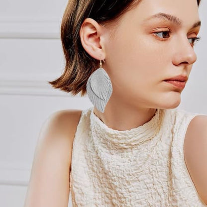 Genuine Leather Handmade Fringe Feather Lightweight Dangle Drop Earrings Teardrop Tassel Hook Earrings for Women - style: 3 Off White