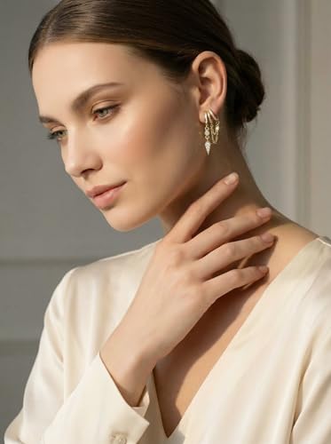 FAN&LOUIS Gold Clip On Earrings for Women, 24K Gold Plated Trendy Triple Huggie Hypoallergenic Non Pierced Earrings Dainty Dangle Chains Drop Painless Lightweight Clip-On Earrings