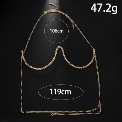 Sexy Rhinestone Bra Chain Chest Bracket Bikini Nightclub Crystal Rave Body Chain For Women Body Jewelry - color: GOLD1
