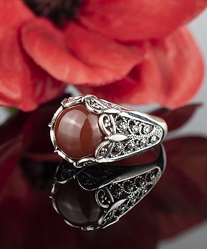 Filigranist 925 Sterling Silver Filigree Art Women Mini Dome Cocktail Ring with Gemstone, Gift Boxed - color: Carnelian