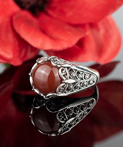 Filigranist 925 Sterling Silver Filigree Art Women Mini Dome Cocktail Ring with Gemstone, Gift Boxed - color: Carnelian